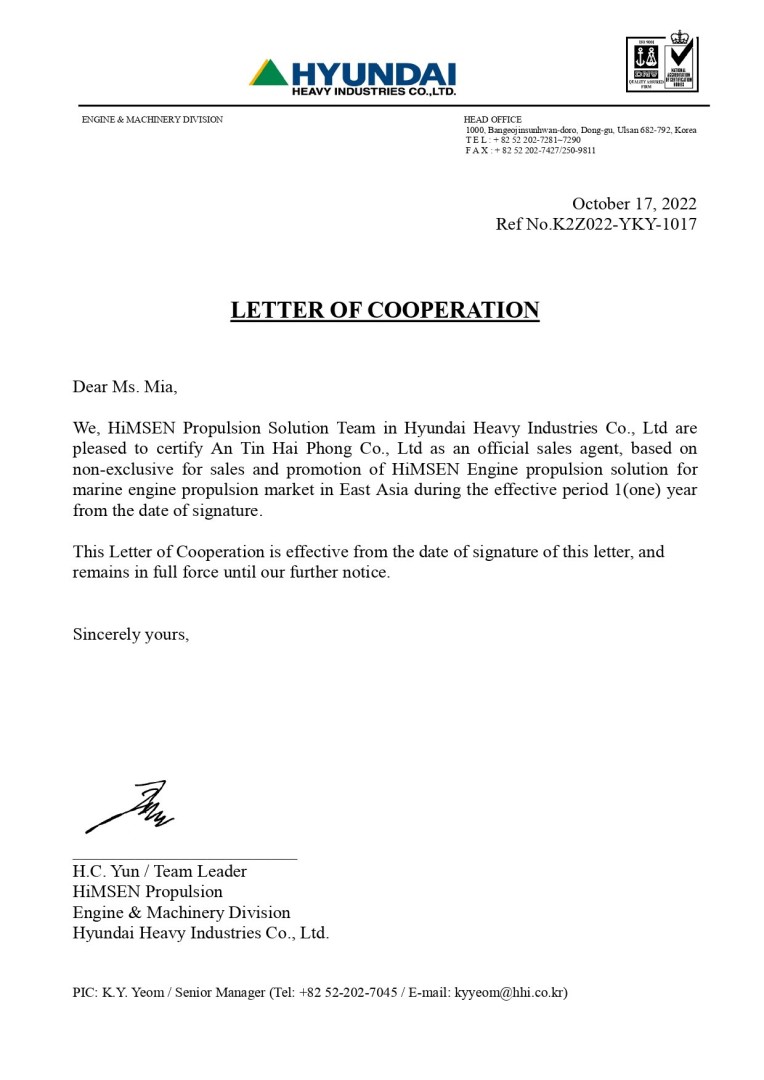 Thư hợp tác của HYUNDAI HiMSEN